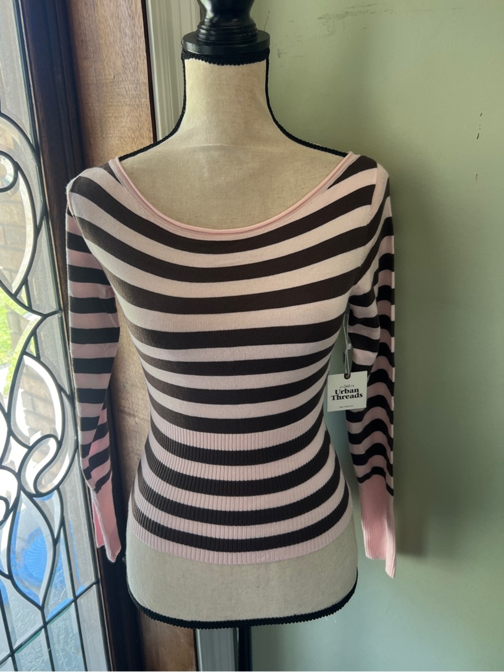 Pink & Brown Striped Scoop-Neck Sweater